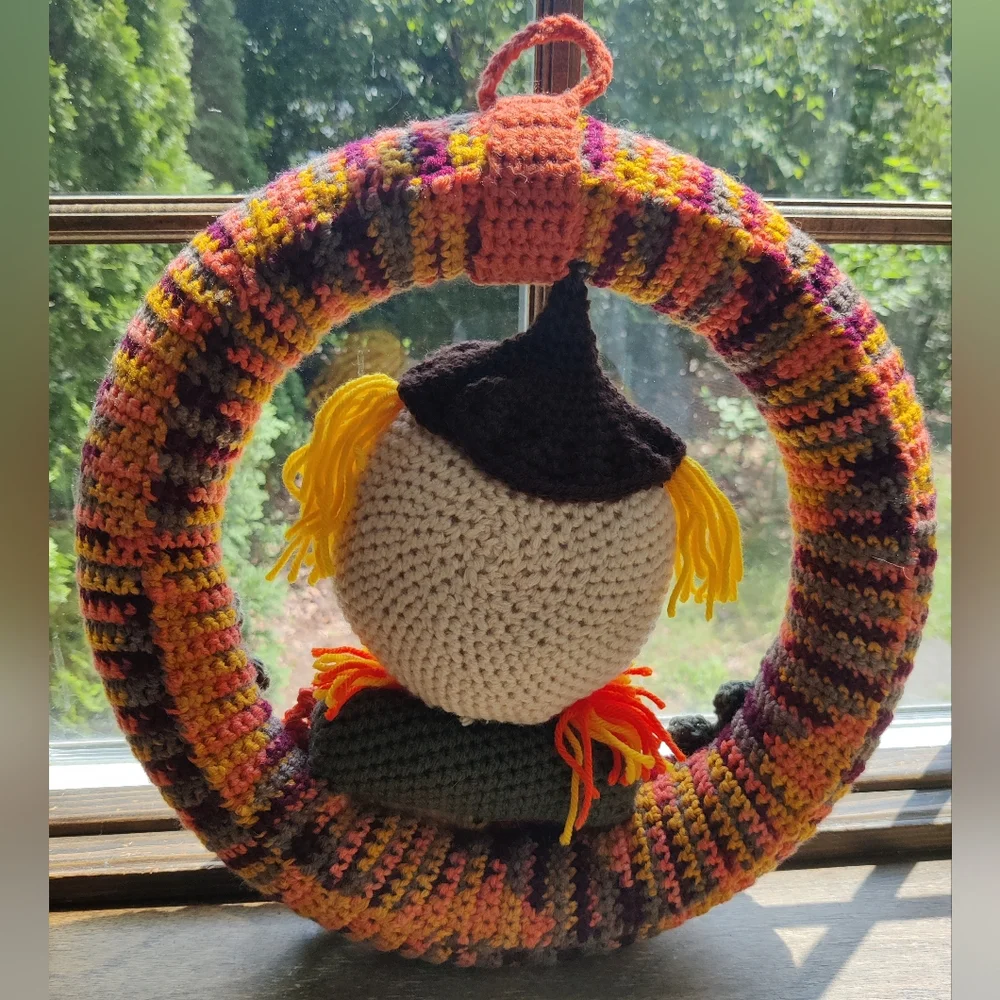 Handmade Fall Colorful Crochet Scarecrow Wreath - 14 inches